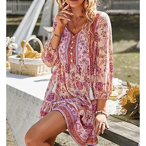 Rochie tunică pentru femei, mâneci 3/4, cu decolteu în V, cu nasturi, cu imprimeu floral - Img 2