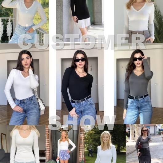 Set de Bluze cu mânecă lungă și decolteu în V pentru femei Slim Fit Stretch – Negru, Gri, Alb XXL - Img 2