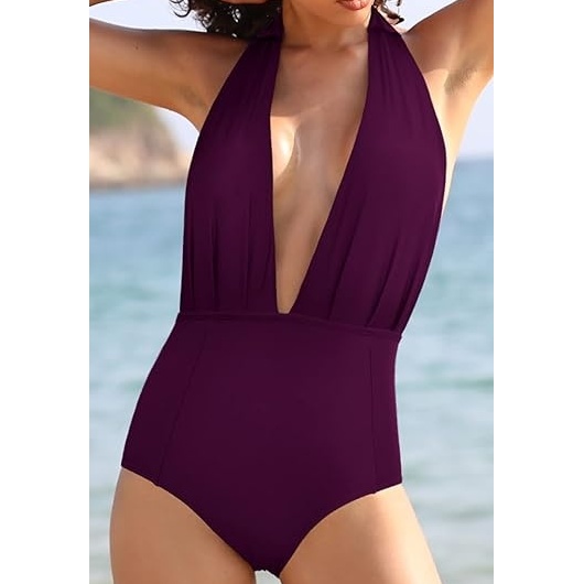 Costum de baie retro, cu decolteu în V adânc, fără spate, cu talie înaltă - Img 6