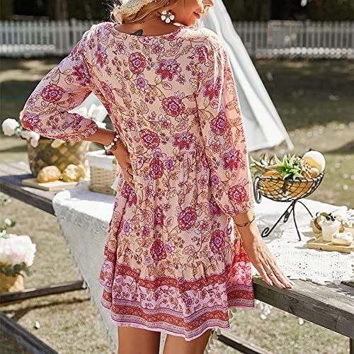 Rochie tunică pentru femei, mâneci 3/4, cu decolteu în V, cu nasturi, cu imprimeu floral - Img 5