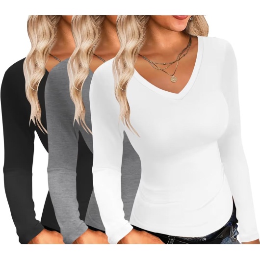 Set de Bluze cu mânecă lungă și decolteu în V pentru femei Slim Fit Stretch – Negru, Gri, Alb XXL