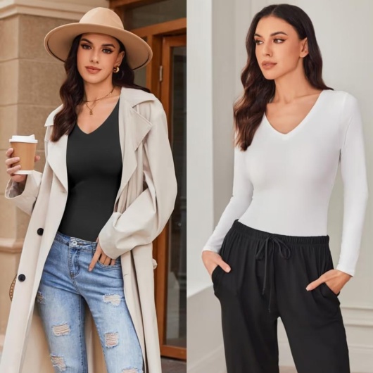 Set de Bluze cu mânecă lungă și decolteu în V pentru femei Slim Fit Stretch – Negru, Gri, Alb XXL - Img 3