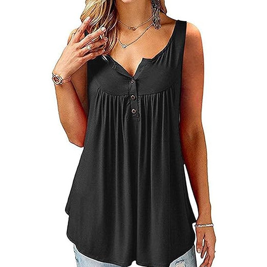 Tricou cu decolteu in V cu trei nasturi Negru