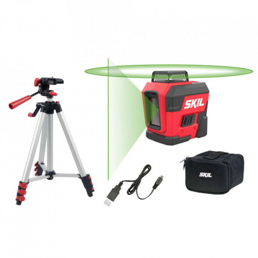 Nivela laser cu linie în cruce 360°, lumina verde (520 nm), accu Li-Ion, ± 0,5 mm/m, raza actiune 30m, trepied SKIL 1961 DA