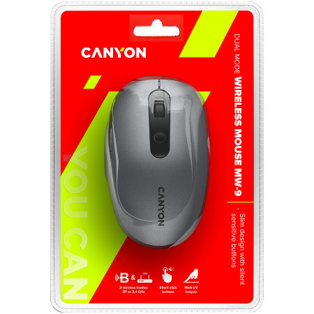 Canyon 2 in 1 wireless optical mouse with 6 buttons, DPI 800100012001500, 2 mode(BT 2.4GHz), Battery AA*1pcs, Grey, 65.4*112.25*32.3mm, 0.0
