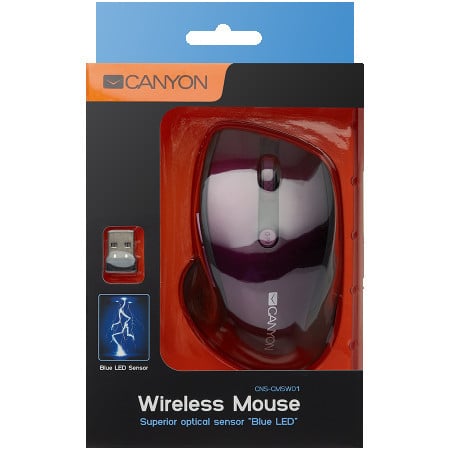 Canyon MW-01 2.4GHz wireless mouse with 6 buttons, optical tracking - blue LED, DPI 100012001600, Purple pearl glossy, 113x71x39.5mm, 0.07k