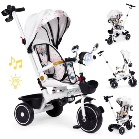 Ecotoys Tricikl za decu sa rotirajućim sedištem, gurajućim rukohvatom i tendom white ( WQL-186 WHITE )