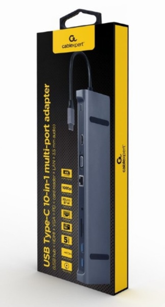 Gembird A-CM-COMBO10-01 USB Type-C 10-in-1 multi-port adapter(USB hub+HDMI+VGA+PD+card r+LAN+3.5mm)