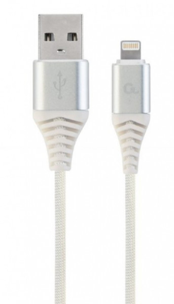 Gembird CC-USB2B-AMLM-1M-BW2 premium cotton braided 8-pin charging and data cable, 1m, silver/white - Img 1