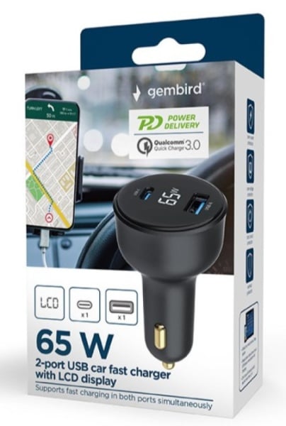 Gembird TA-UC-AC2PD65LCD-CAR-01 2-port USB brzi punjac za auto, Type-C PD, LCD, 65W, black