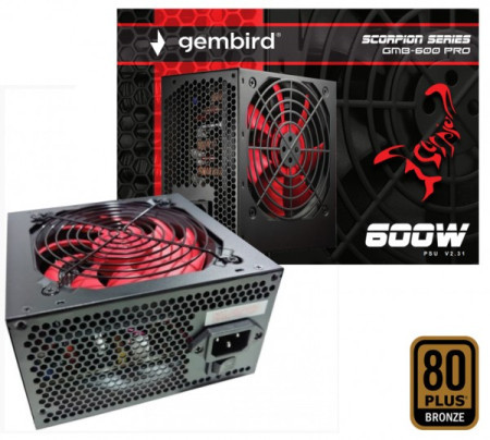 GMB-600-PRO Gembird napajanje 600W 80+BRONZE, PFC,12cm FAN, 20+4pin, 2x4pin,2x 6+2pin, 5xSATA