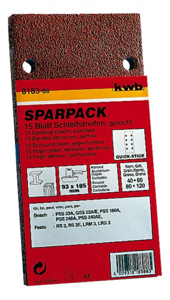 KWB Quick-stick set brusnih papira 93x185 GR40-120, 15/1 | drvo-metal, alu-oksid ( KWB 49818388 ) - Img 1