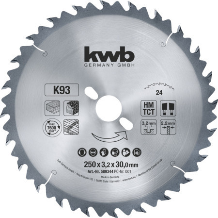 KWB rezni disk za cirkular 250x30 24Z, HM, za drvo/plastiku ( KWB 49589344 )