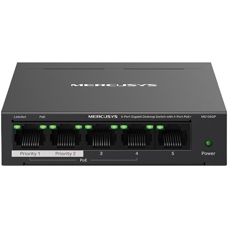 Mercusys MS105GP 5-Port Gigabit Desktop Switch with 4-Port PoE+, 4×Gigabit PoE+ Ports, 1×Gigabit Non-PoE Port, 65 W PoE Power ( MS105GP )