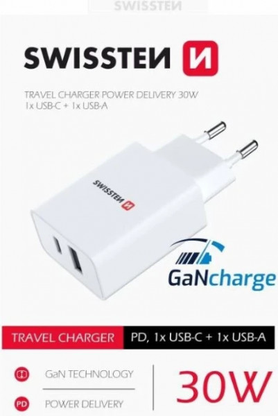 Swissten punjač 1xUSB+ 1X USB C GaN charge 30W bela ( 80182 )