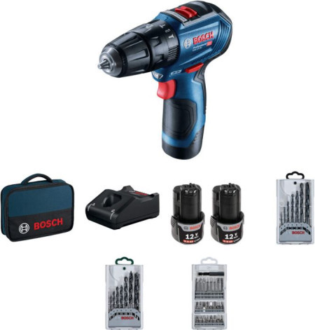 Bosch akumulatorska vibraciona bušilica - odvrtač GSB 12V-30 + 39-delni set pribora, 2x2,0Ah ( 06019G9101 )