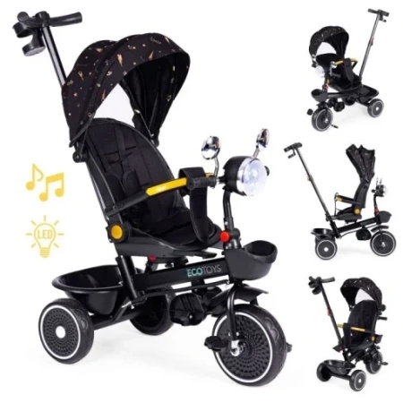 Ecotoys Tricikl za decu sa rotirajućim sedištem, gurajućim rukohvatom i tendom black ( WQL-186 BLACK )