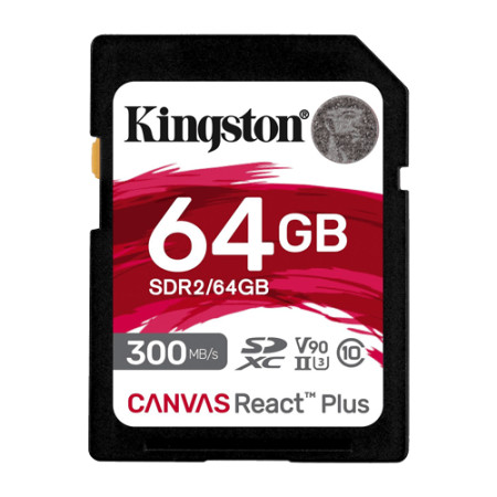 Kingston SD card 64GB canvas react plus, SDXC, Class 10 UHS-II U3 V90 ( SDR2/64GB ) - Img 1