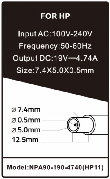 NPA90-190-4740 (HP11) ** Gembird punjac za laptop 90W-19V-4.74A, 7.4x5.0mm black PIN (1040)