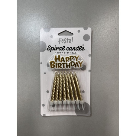 Spiral candle, svećica, zlatna, 16K sa držačima+ Happy birthday ( 710143 )