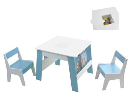 Kinder home dečiji drveni sto sa 2 stolice, sa korpom za igračke, konstruktore i ostavu za knjige - bela/plava ( TF-6266 )
