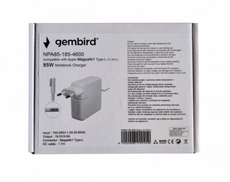 NPA85-185-4600 (TJ-341L Apple Type-L) Gembird punjac za MacBook 85W-18.5V-4.6A, Magsafe1 Type-L