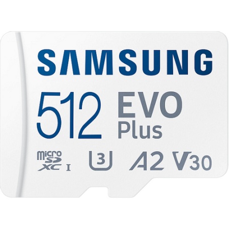 Samsung MicroSD 512GB, EVO Plus, SDXC, UHS-I U3 V30 A2, Read 160MB/s, for 4K and FullHD video recording, w/SD adapter ( MB-MC512SA/EU )