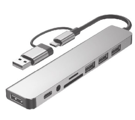 A-CM-COMBO8-06 ** Gembird USB-A + USB-C multi-port 8-in-1 USB3.0+USB2.0+SD+3.5mm+Data (759)