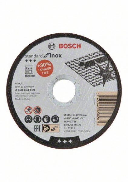 Bosch rezna ploča ravna Standard for Inox - rapido WA 60 T BF, 115 mm, 22,23 mm, 1,0 mm ( 2608603169 )