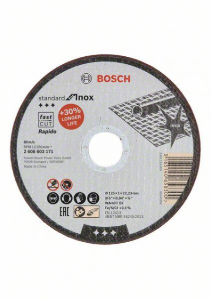 Bosch rezna ploča ravna standard for Inox - rapido WA 60 T BF, 125 mm, 22,23 mm, 1,0 mm ( 2608603171 )