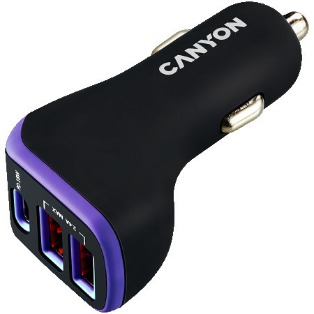 Canyon universal 3xUSB car adapter Type-C PD 18W, Black+Purple with rubber coating ( CNE-CCA08PU )
