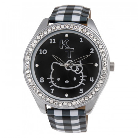 Dečji hello kitty kristal crni ručni sat sa kariranim kožnim kaišem ( hk480s-260 )