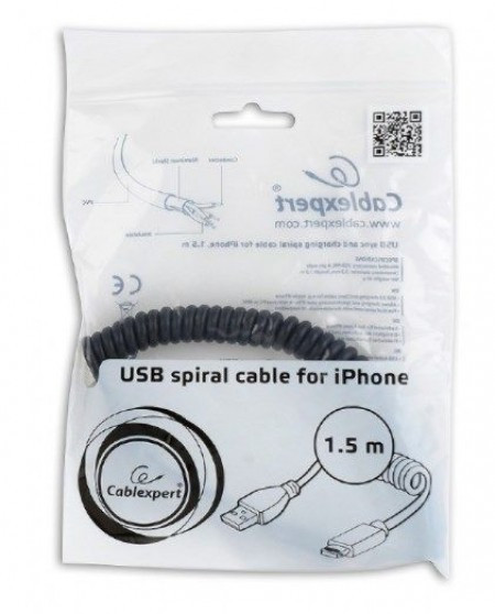 Gembird USB sync and charging spiral cable for iPhone, 1.5 m, black CC-LMAM-1.5M - Img 1