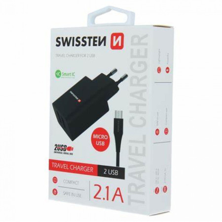 Swissten punjač 2x USB 2,1A+ kabl micro USB 1,2m crna ( 80064 )