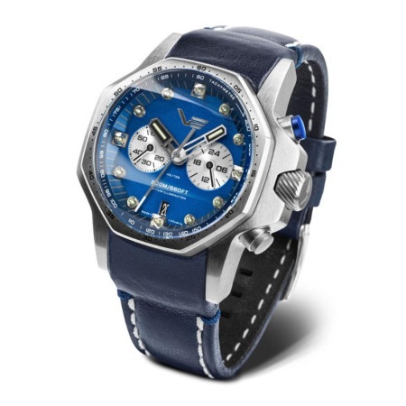 Vostok europe atomic age chronograph muški plavi srebrni sportsko elegantni ručni sat sa plavim kožnim kaišem ( vk64/640a700 )