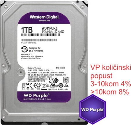 WD 1TB WD10PURZ WD Purple 24/7 5400RPM 64MB SATA3