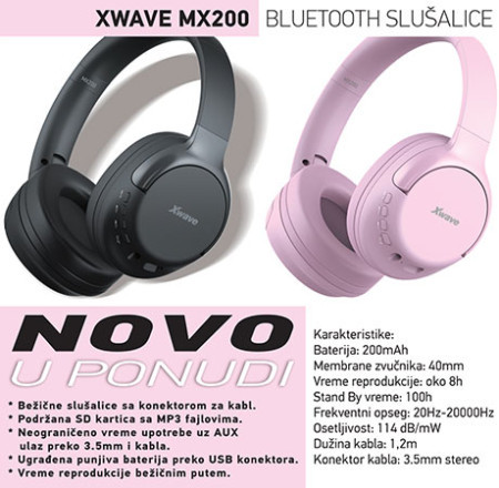 Xwave bluetooth stereo slusalica sa mikrofonom v5.1/3.5mm AUX/FM/microSD/Bat 200mAh/8h razg/domet10m/Crna ( MX200 black )