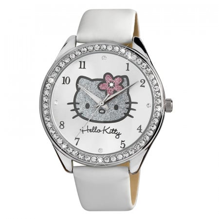 Dečji hello kitty kristal beli roze ručni sat sa belim kožnim kaišem ( hk175s-661 )