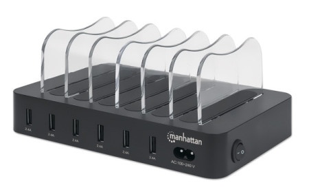 Manhattan 102254 5V/2.4V/50W/držač za telefon Crni USB punjač 6-port