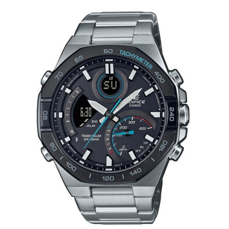 Muški casio edifice crni srebrni analogno digitalni sportski ručni sat sa crnim metalnim kaišem ( ecb-950db-1aef )