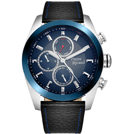 Muški Pierre Ricaud multifunction plavi srebrni elegantni ručni sat sa crnim kožnim kaišem ( p97223.t215qf ) - Img 1