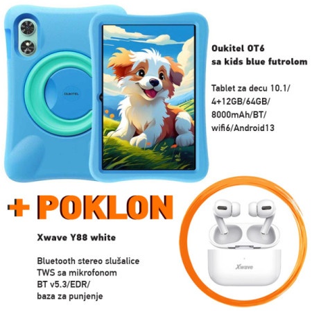 Oukitel OT6 tablet sa kids blue futrolom 10.1/4+12GB/64GB/8000mAh/Android.13+ poklon tws slusalice 192450