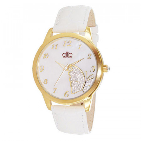 Ženski elite butterfly zlatni modni ručni sat sa belim kožnim kaišem ( e52982s/001 ) - Img 1