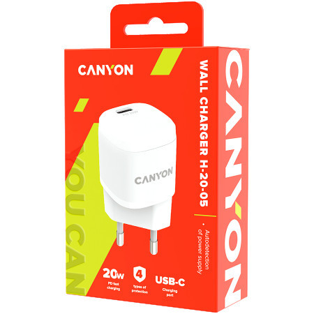 Canyon, PD 20W Input: 100V-240V, output: 1 port charge: USB-C:PD 20W (5V3A9V2.22A12V1.66A) , Eu plug, Over- Voltage , over-heated, over-cu - Img 1