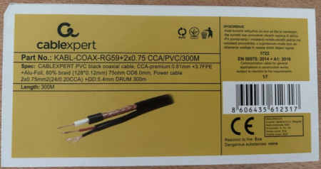 Gembird KABL-COAX-RG59+2X0.75 CCA/PVC/300M koaksialni kabl sa napojnim kablom 2x0,75mm black 300m