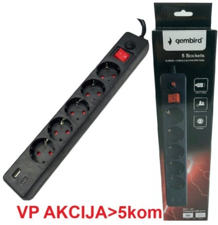 Gembird SPG5-B-6 produzni kabl sa zastitom 5 uticnica, 5V/3.1A USB-A+C 16A/3500W 1.8m Black (3G1.5)