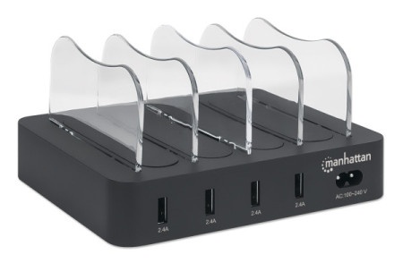 Manhattan 102261 5V/2.4V/34W/držač za telefon Crni USB punjač 4-port