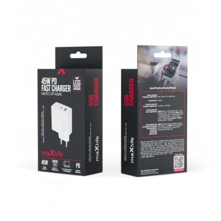 Maxlife kućni punjač za telefon od 45W sa USB-A i USB-C ulazom White ( OEM0101204 )