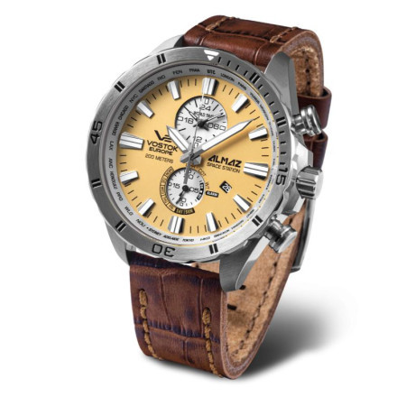 Vostok europe muški almaz chronograph bež srebrni elegantni ručni sat sa braon kožnim kaišem ( ym8j/320a655 )