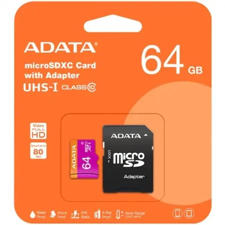 Adata micro sd card 64gb + sd adapter ausdx64guicl10-ra1class10 ( AD009 )